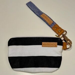 Betterlife Bags Striped Zip Pouch with a Denim Wrist Strap, Black White Blue